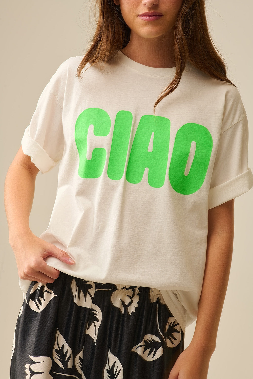 White Relaxed CIAO T-Shirt With Green Letters - T-Shirts