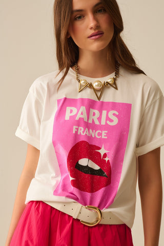 White Relaxed T-shirt With Lip Print made in Italy