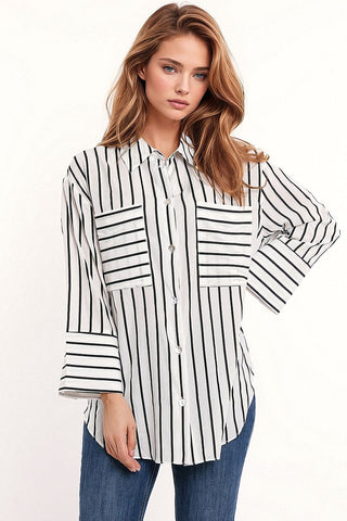 White shirt with black stripes and chest pockets