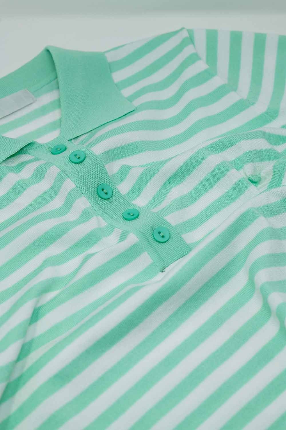 White short sleeves polo shirt with light blue stripes and frontal buttons details Q2 Sweaters BoutiqueLua