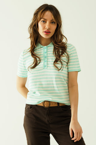 White short sleeves polo shirt with light blue stripes and frontal buttons details