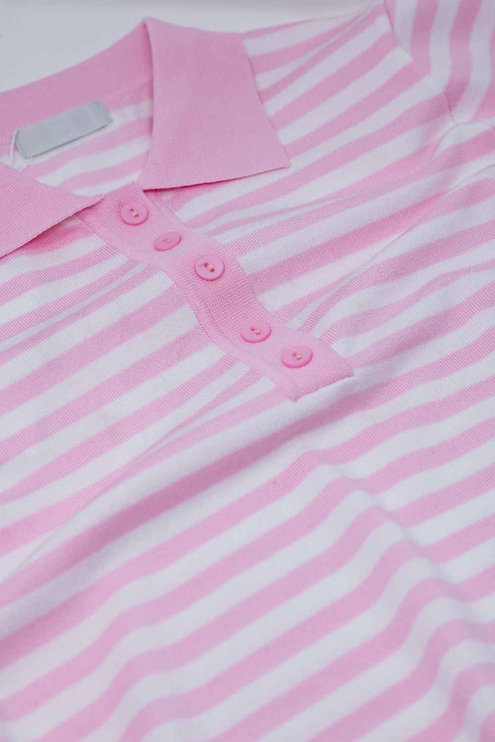 White short sleeves polo shirt with light pink stripes and frontal buttons details Q2 Sweaters BoutiqueLua