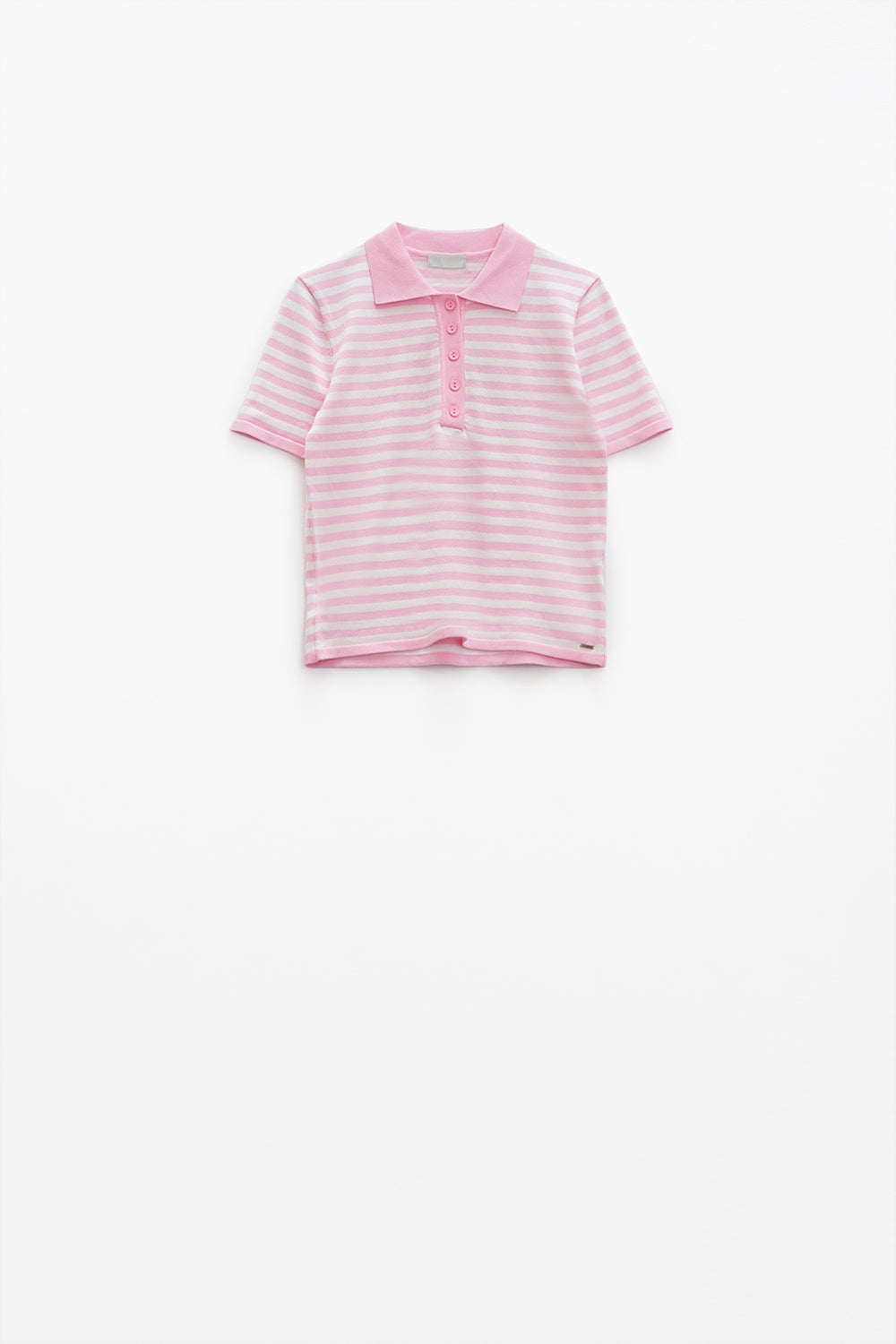 White short sleeves polo shirt with light pink stripes and frontal buttons details Q2 Sweaters BoutiqueLua