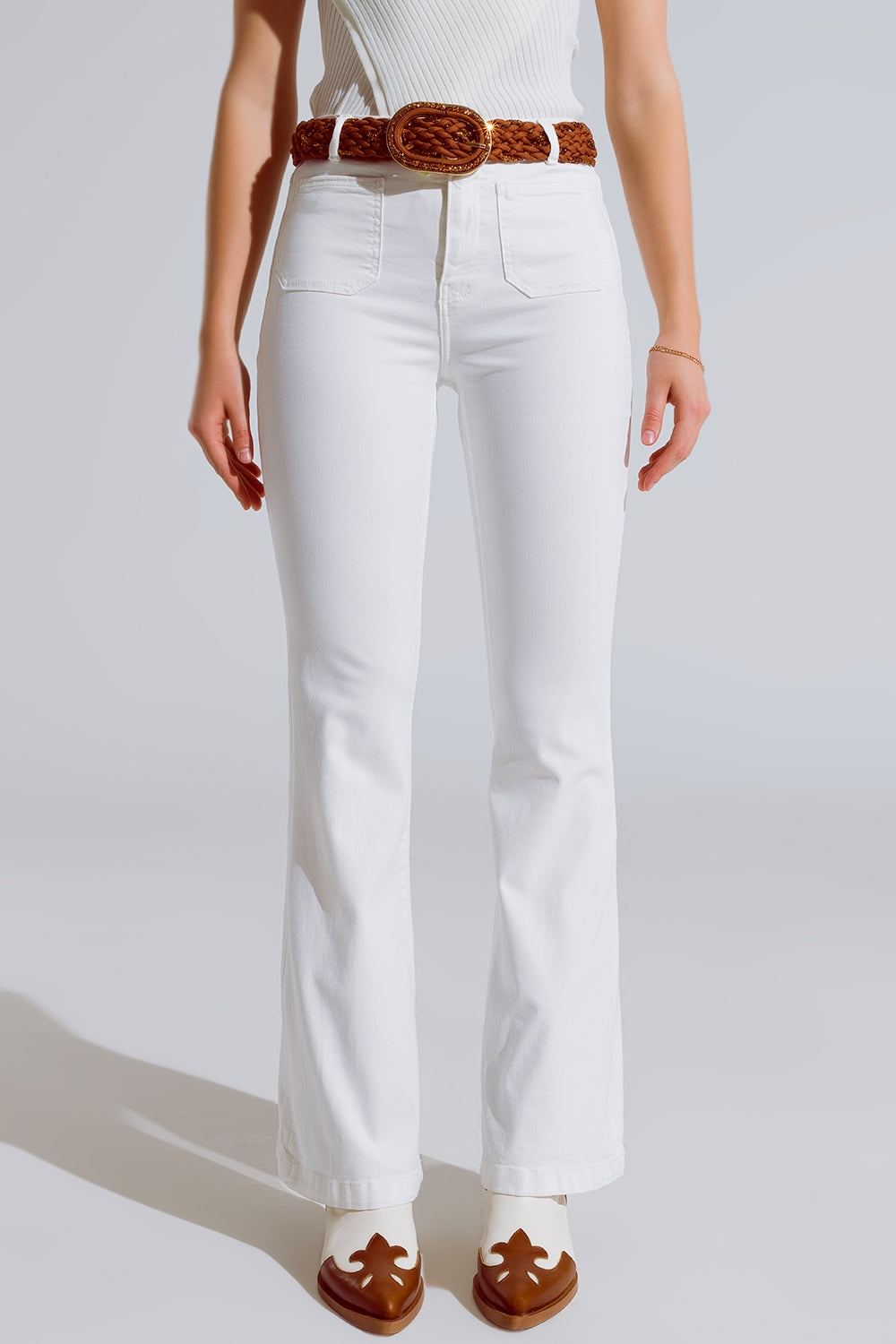 White Skinny Flared Jeans With Front Pocket Detail - Jeans