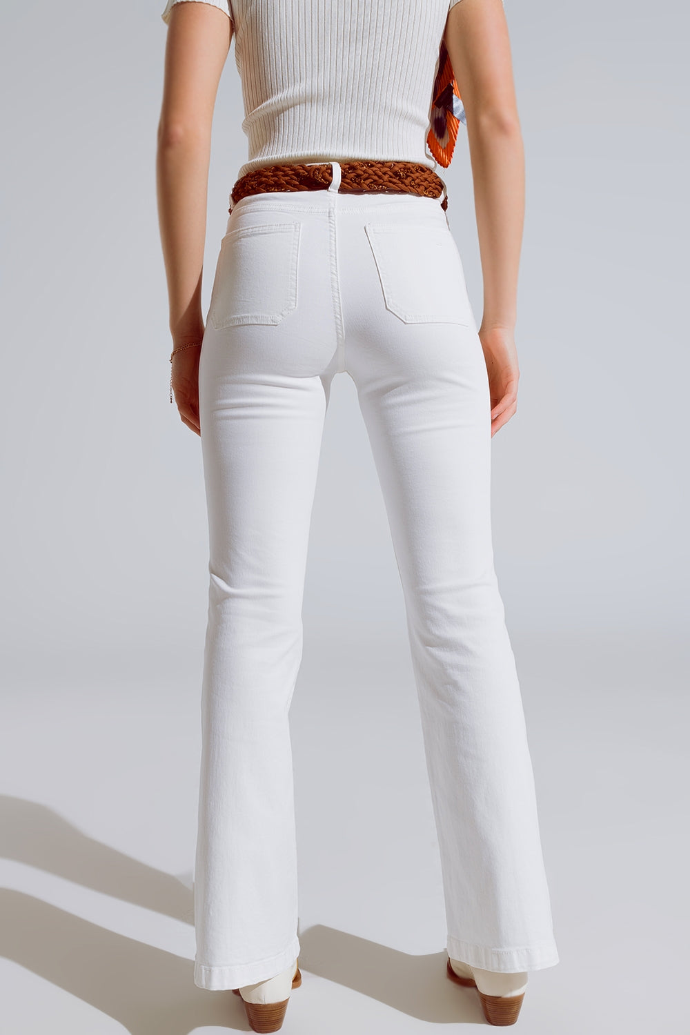 White Skinny Flared Jeans With Front Pocket Detail - Jeans