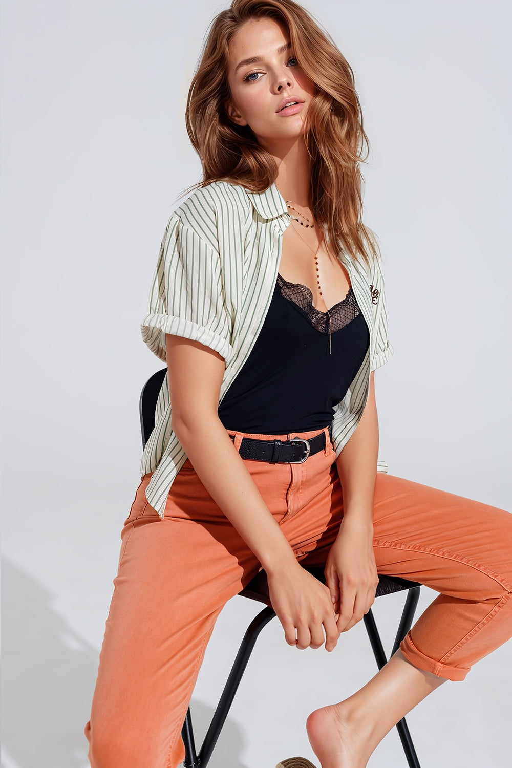 White Striped Blouse With Love Logo On Chest - Blouses