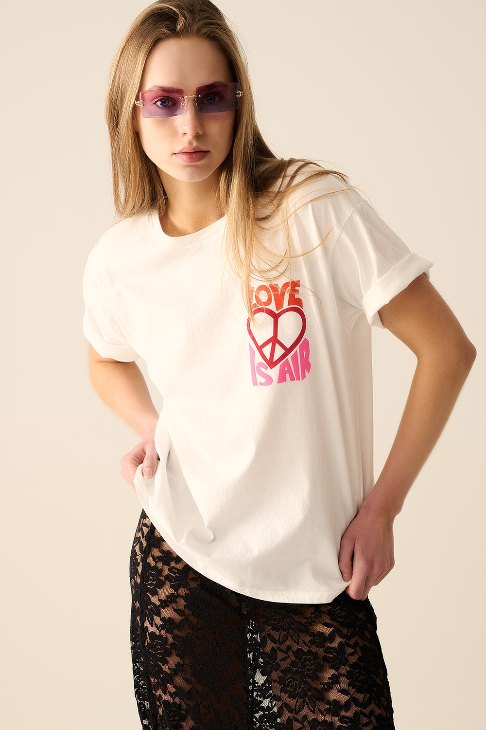 White T-Shirt with Love is Air and Heart with Peace logo - T-Shirts