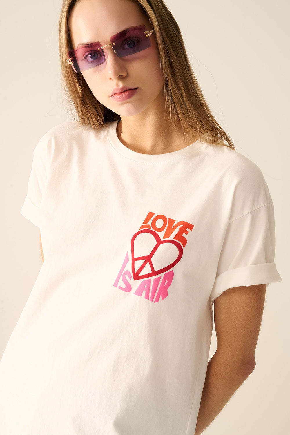 White T-Shirt with Love is Air and Heart with Peace logo - T-Shirts