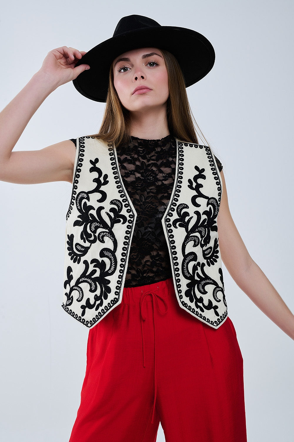 White Vest with Black Baroque embroidered