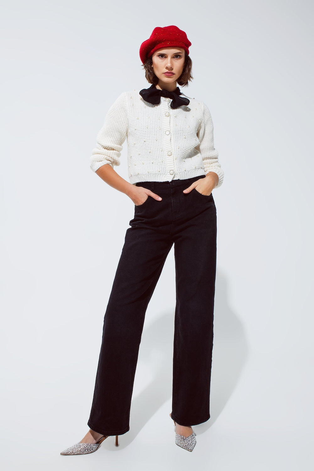 White Waffle Knit Cardigan With Embellished Pearls And Jewelled Buttons In White Q2 Sweaters BoutiqueLua