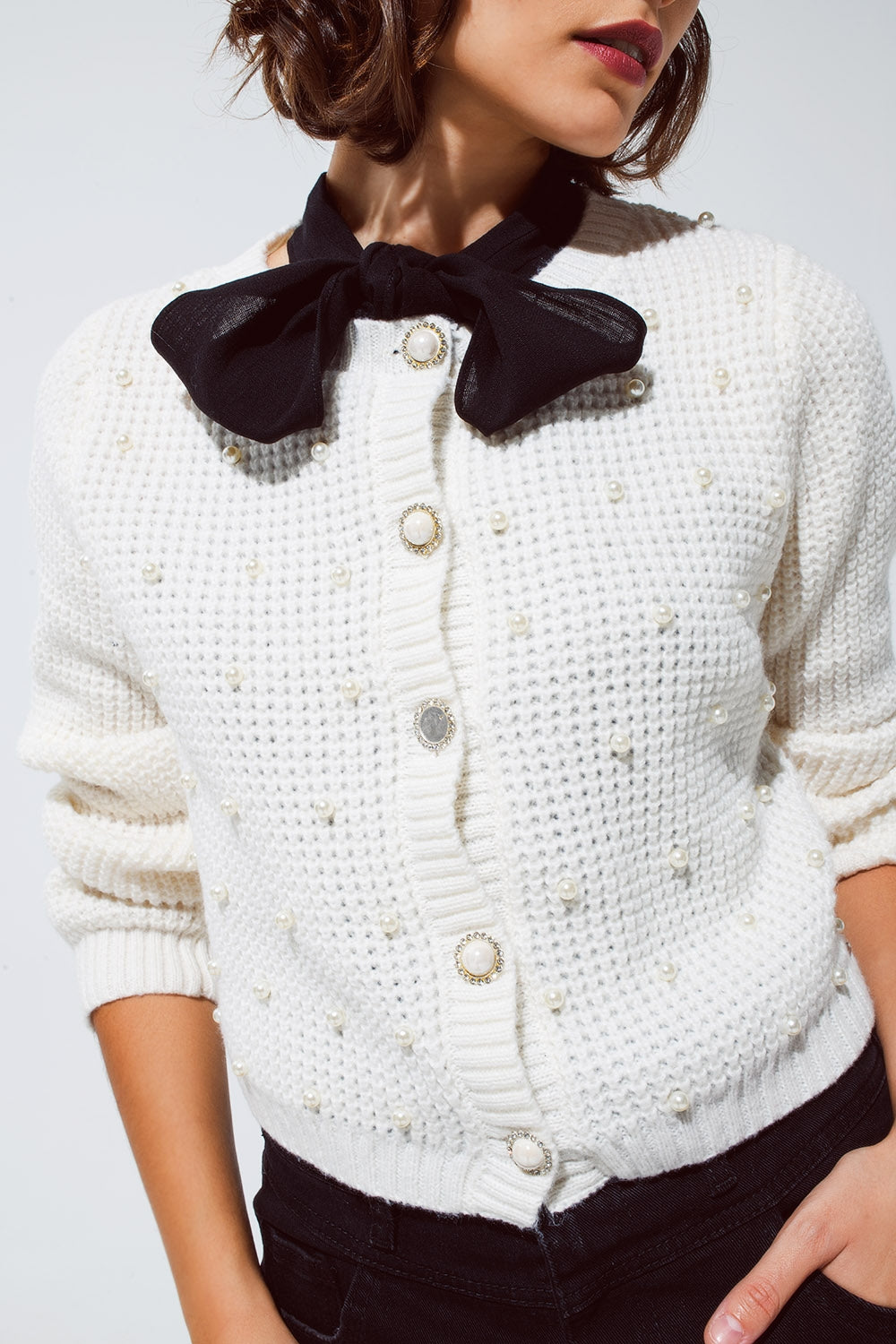 White Waffle Knit Cardigan With Embellished Pearls And Jewelled Buttons In White Q2 Sweaters BoutiqueLua