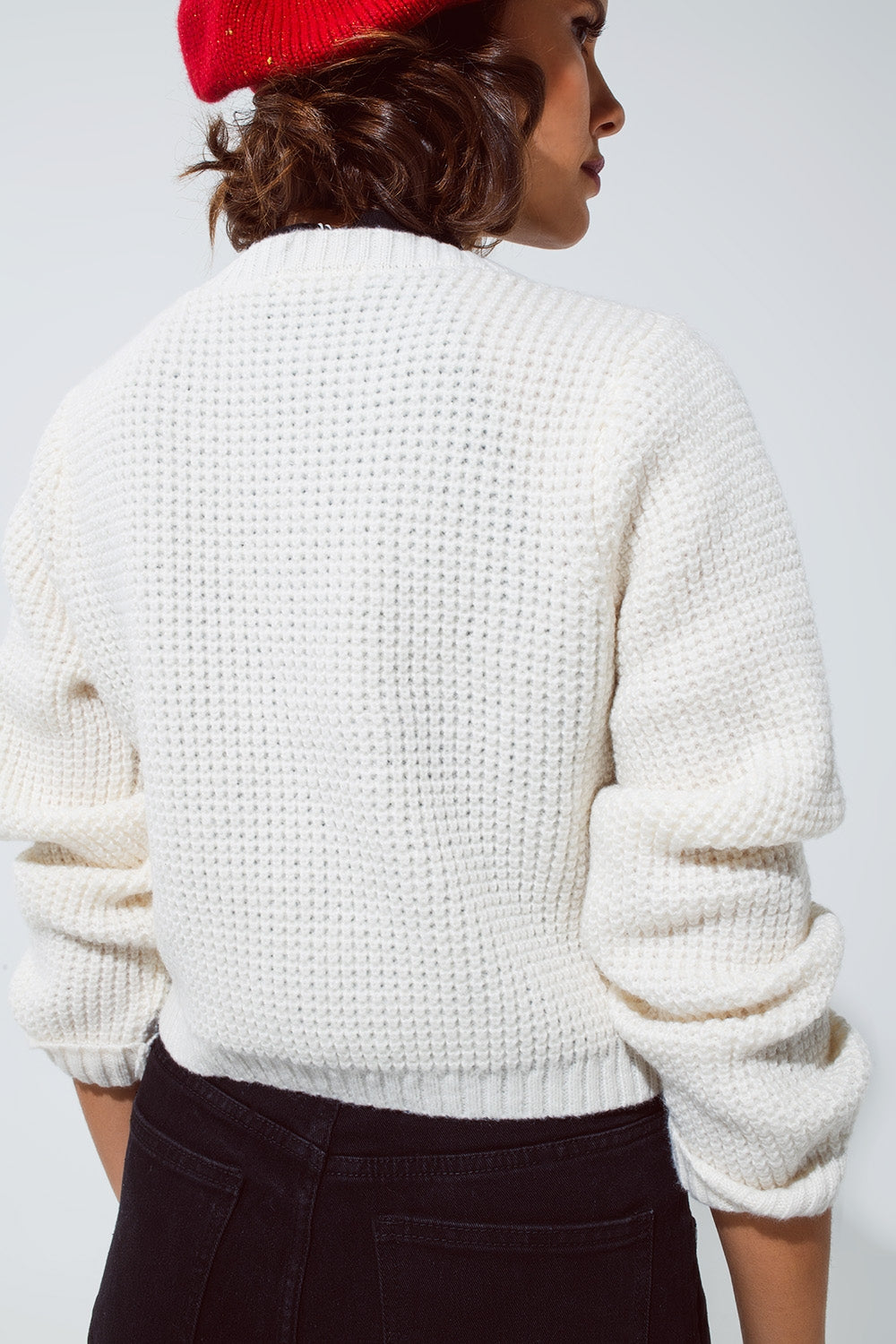 White Waffle Knit Cardigan With Embellished Pearls And Jewelled Buttons In White Q2 Sweaters BoutiqueLua