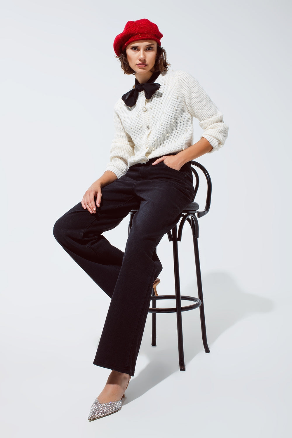 White Waffle Knit Cardigan With Embellished Pearls And Jewelled Buttons In White Q2 Sweaters BoutiqueLua