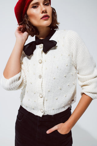 White Waffle Knit Cardigan With Embellished Pearls And Jewelled Buttons In White