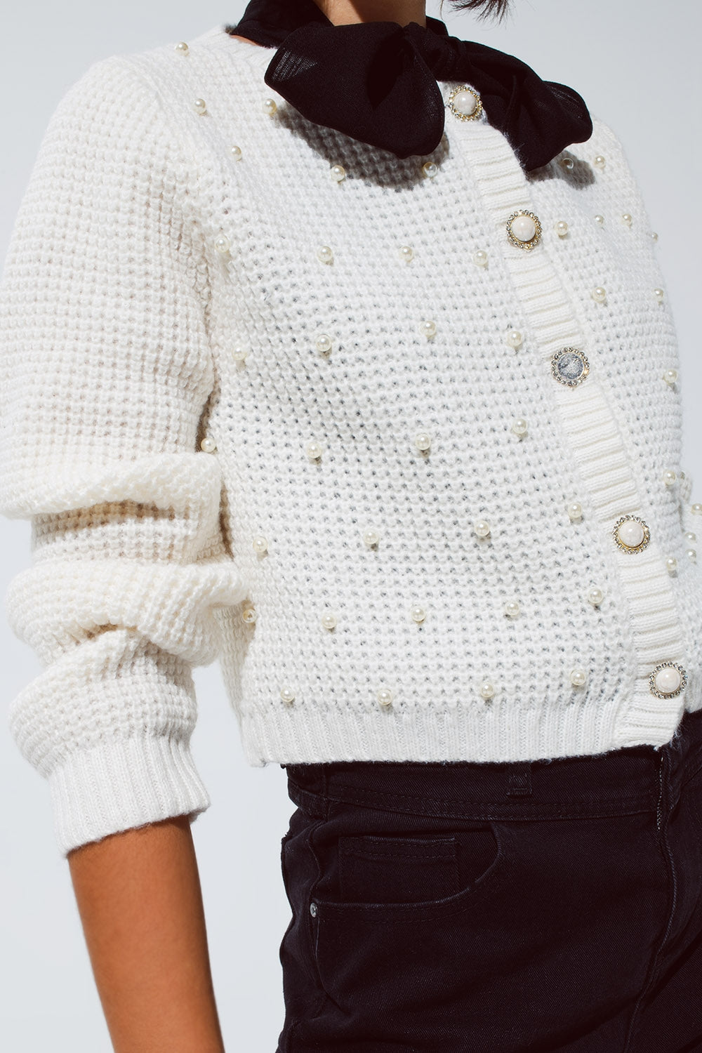 White Waffle Knit Cardigan With Embellished Pearls And Jewelled Buttons In White Q2 Sweaters BoutiqueLua