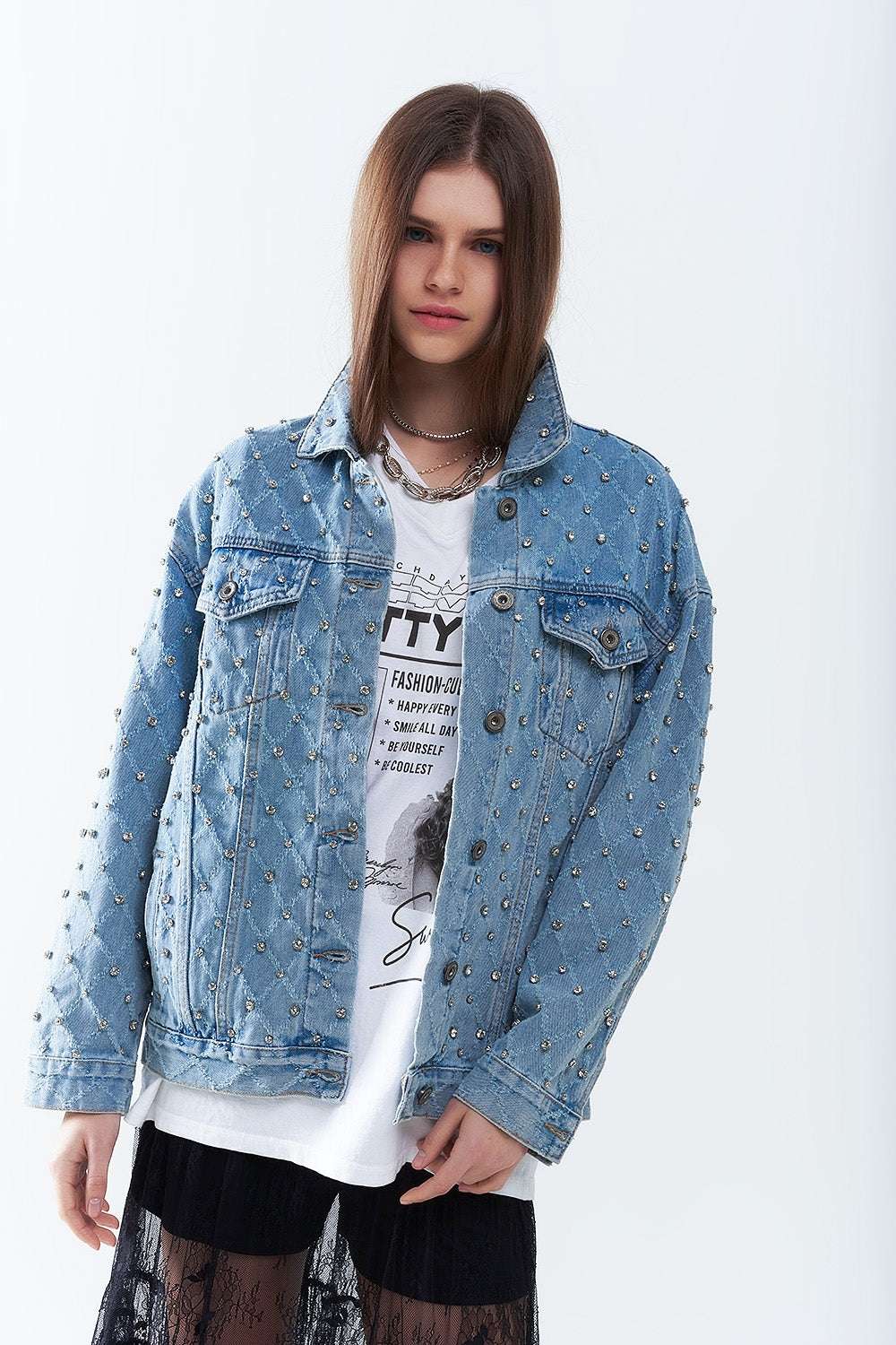 Wide denim jacket with rhinestones in a diamond pattern - Jackets