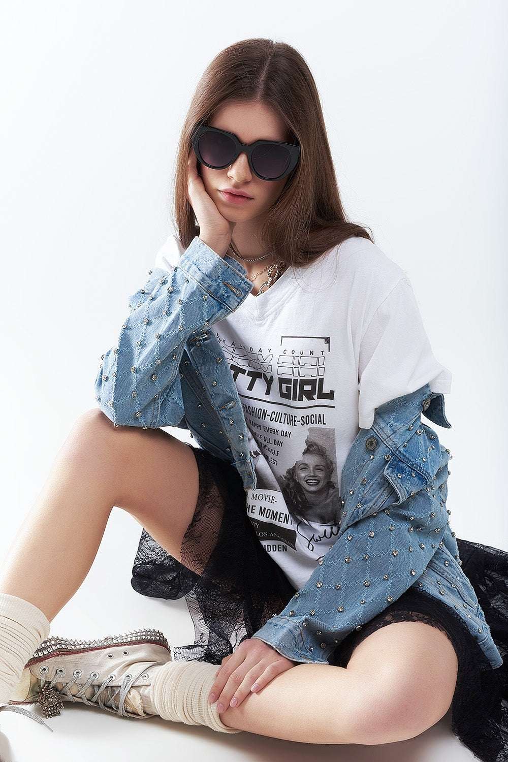 Wide denim jacket with rhinestones in a diamond pattern - Jackets