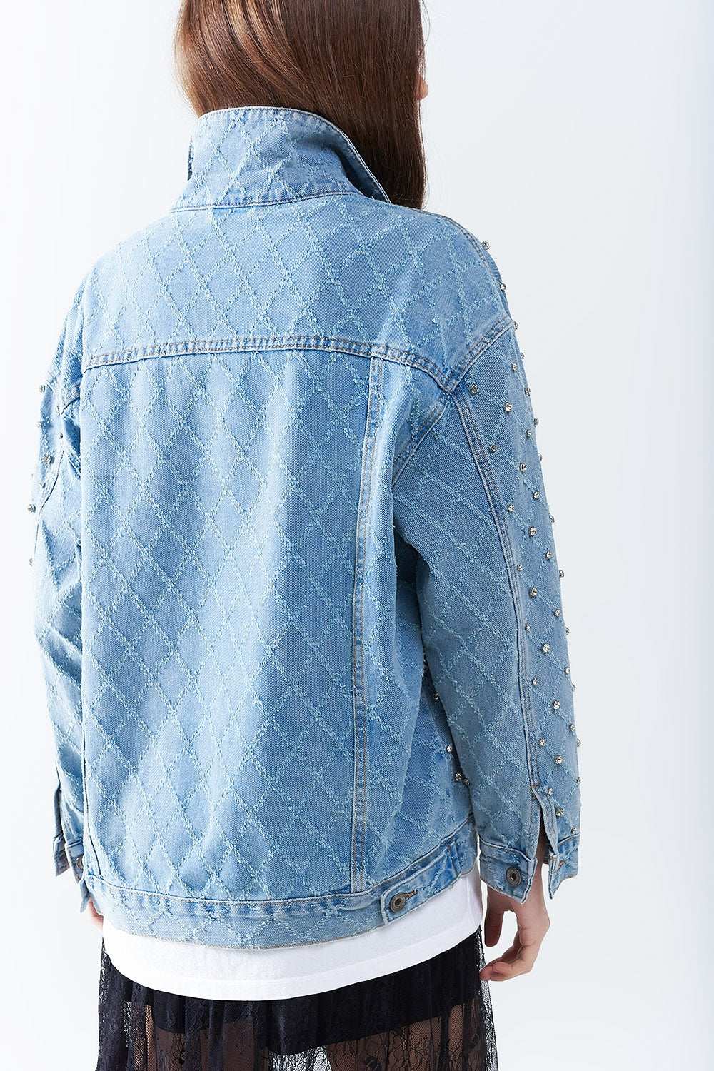 Wide denim jacket with rhinestones in a diamond pattern - Jackets