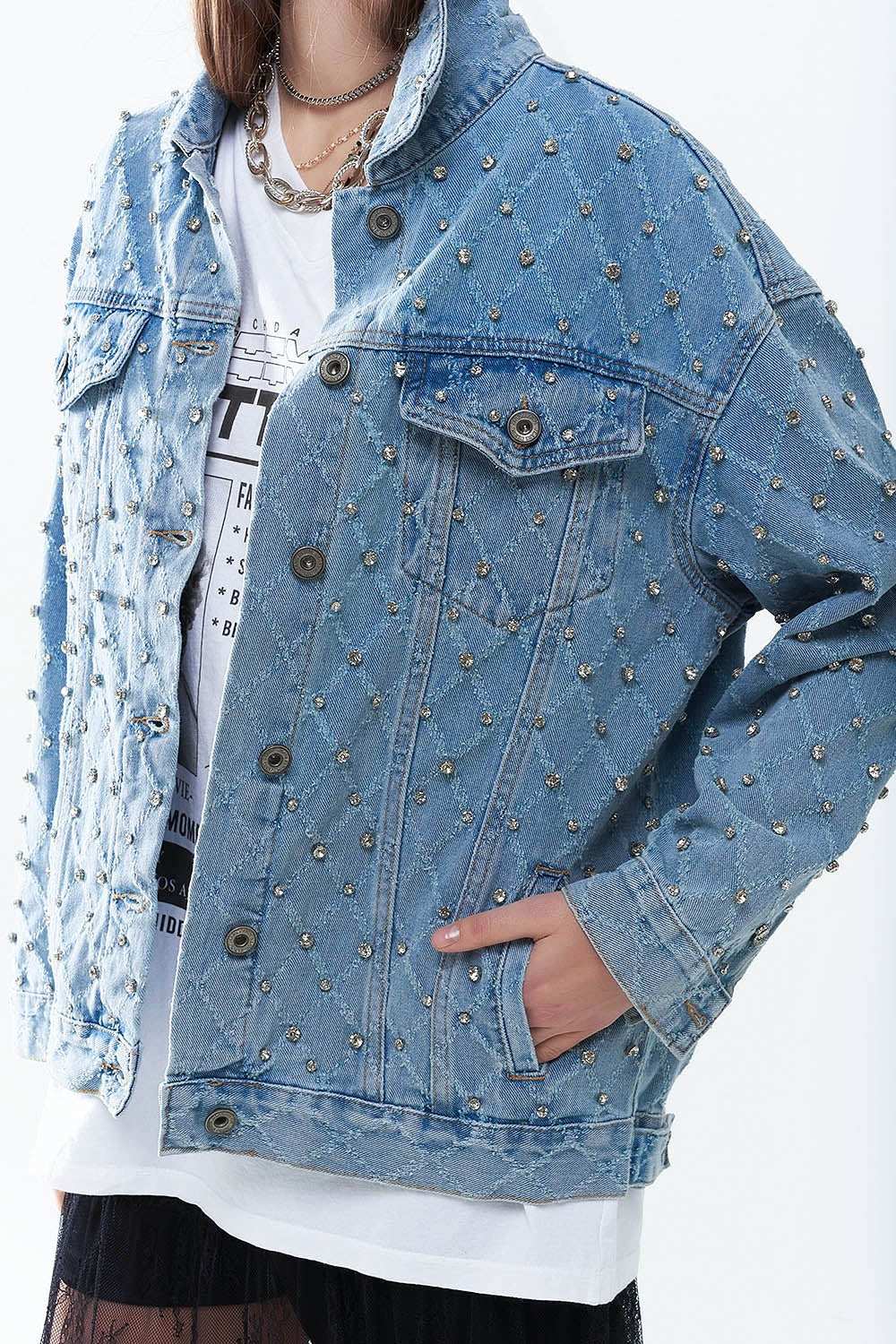 Wide denim jacket with rhinestones in a diamond pattern - Jackets