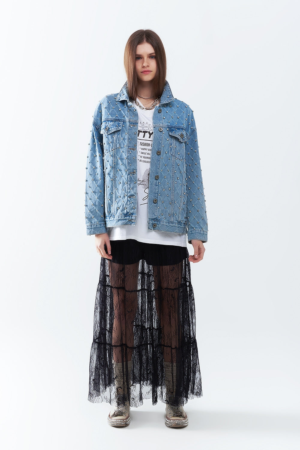 Wide denim jacket with rhinestones in a diamond pattern - Jackets