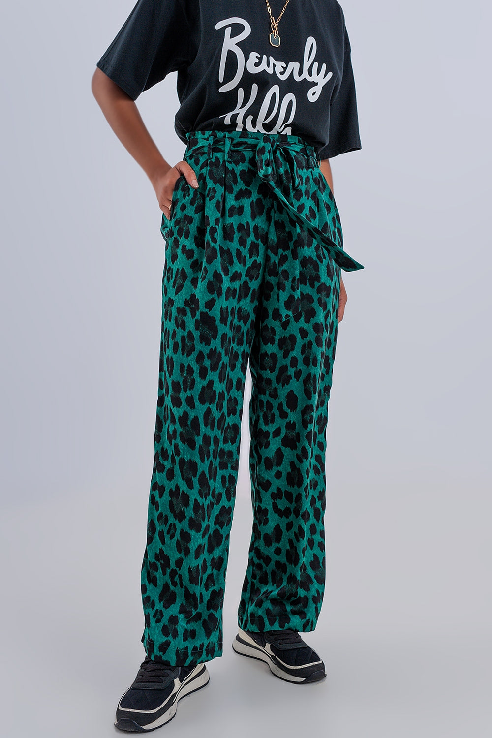 Wide leg pants in green leopard print Q2 Pants BoutiqueLua