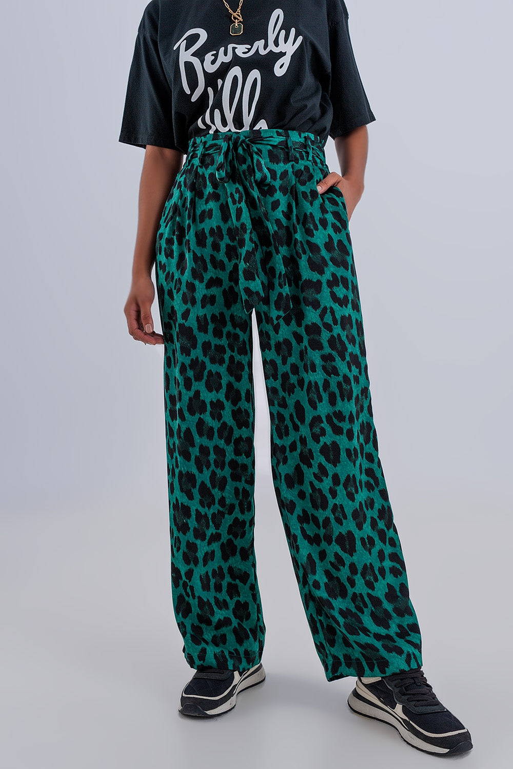 Wide leg pants in green leopard print Q2 Pants BoutiqueLua