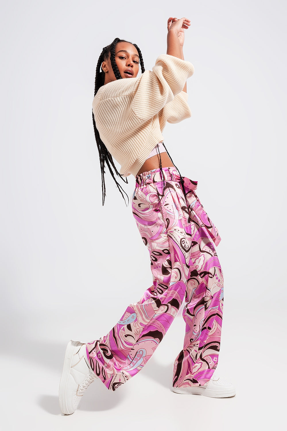 Wide leg pants with belt in pink - Trousers