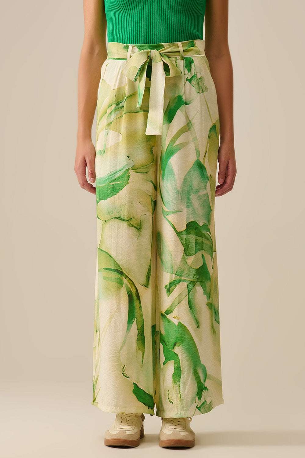 Wide Leg Trousers with Green Watercolor Print - Trousers