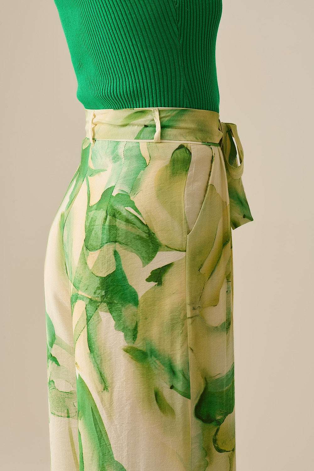 Wide Leg Trousers with Green Watercolor Print - Trousers