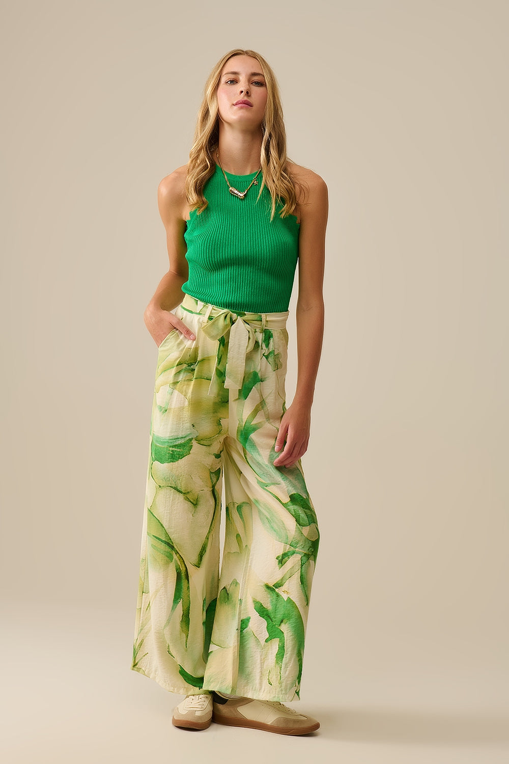 Wide Leg Trousers with Green Watercolor Print - Trousers