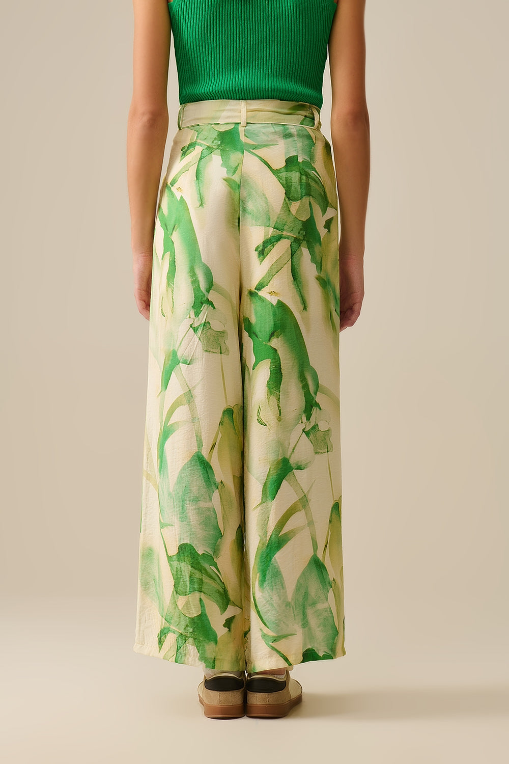 Wide Leg Trousers with Green Watercolor Print - Trousers