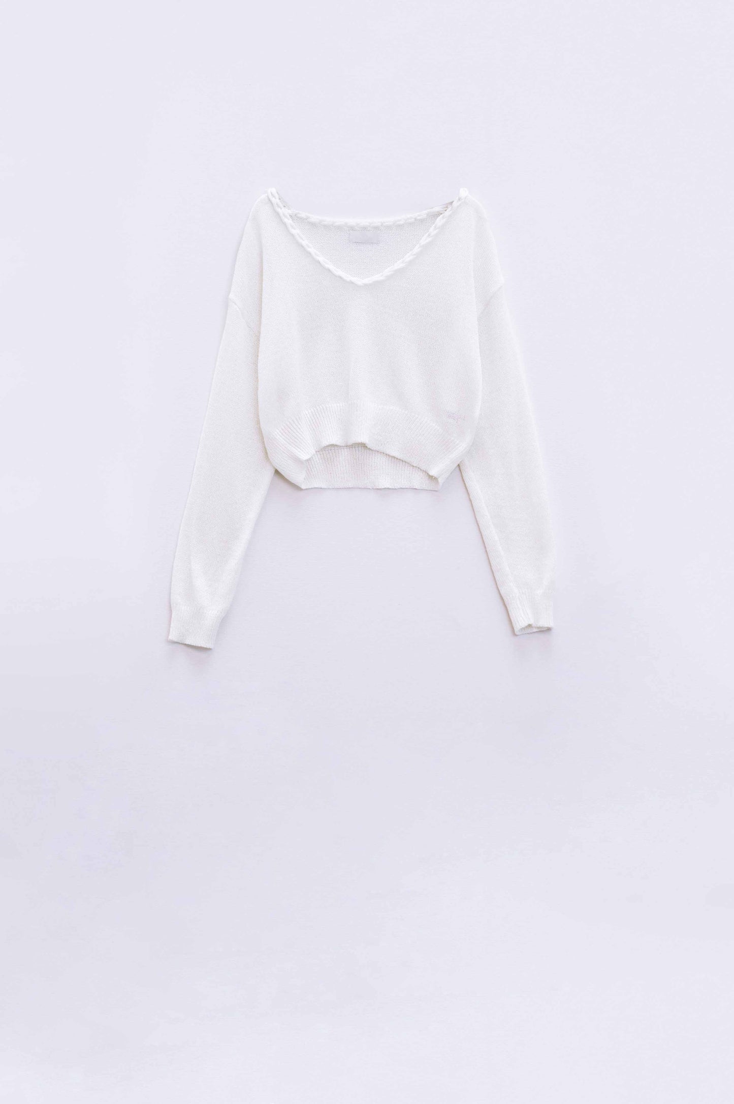 Wide V-neck cream Sweater With Braided Detail - Jumpers