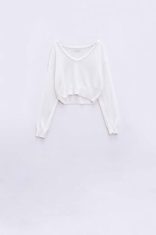 Wide V-neck cream Sweater With Braided Detail