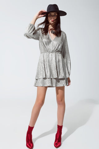 Wrap Long Sleeve Tiered Silver Dress