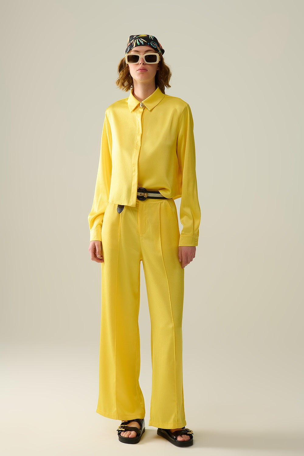 yellow short textured satin shirt - Shirts