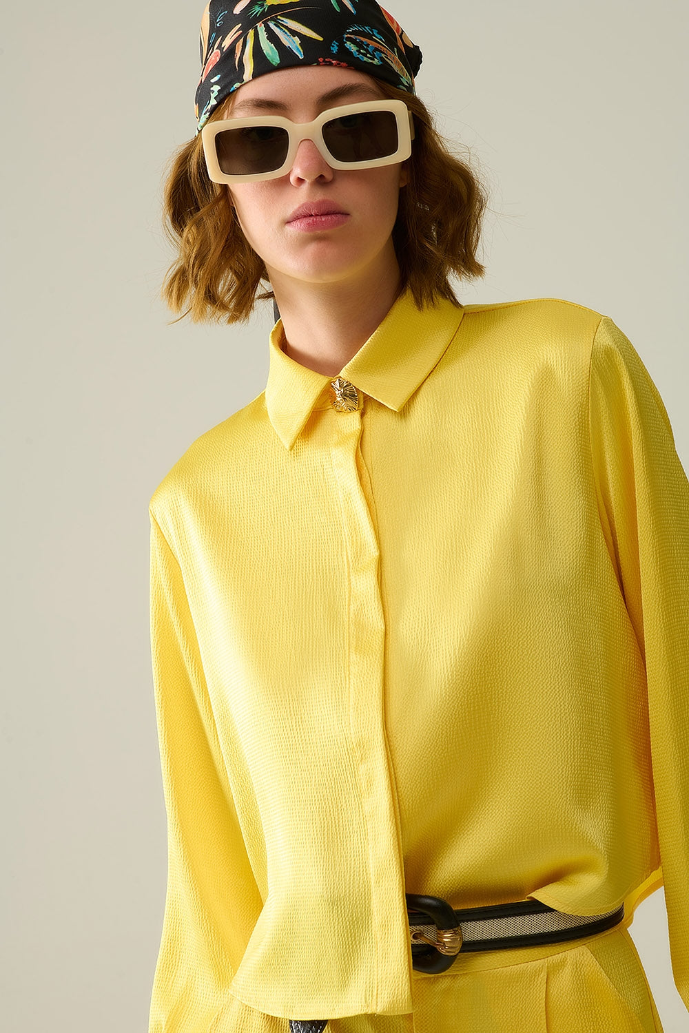 yellow short textured satin shirt - Shirts
