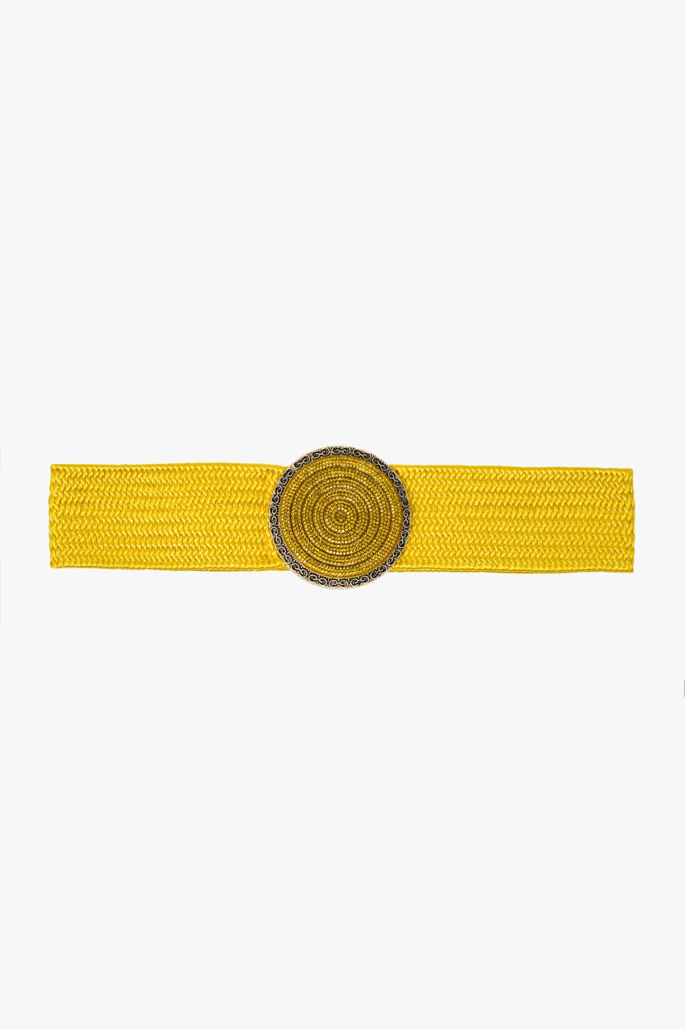 Yellow woven belt with round buckle with rhinestones - Belts