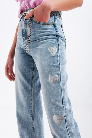 Jeans anos 90 com estampa de coração