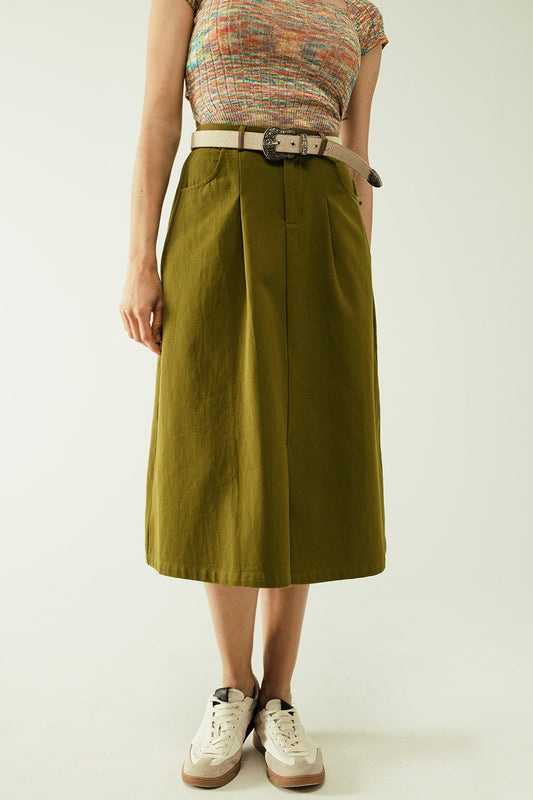 A line Midi Khaki Skirt With Pockets in Khaki - Skirts