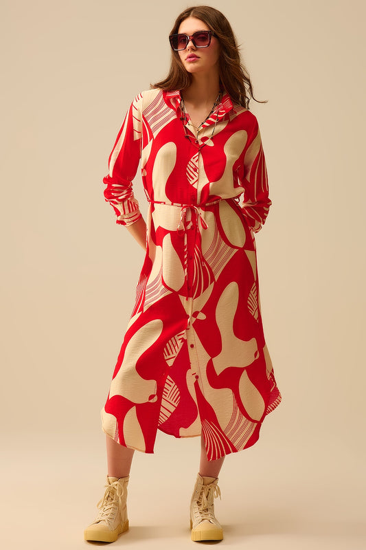 abstract print button-down dress in red - Dresses