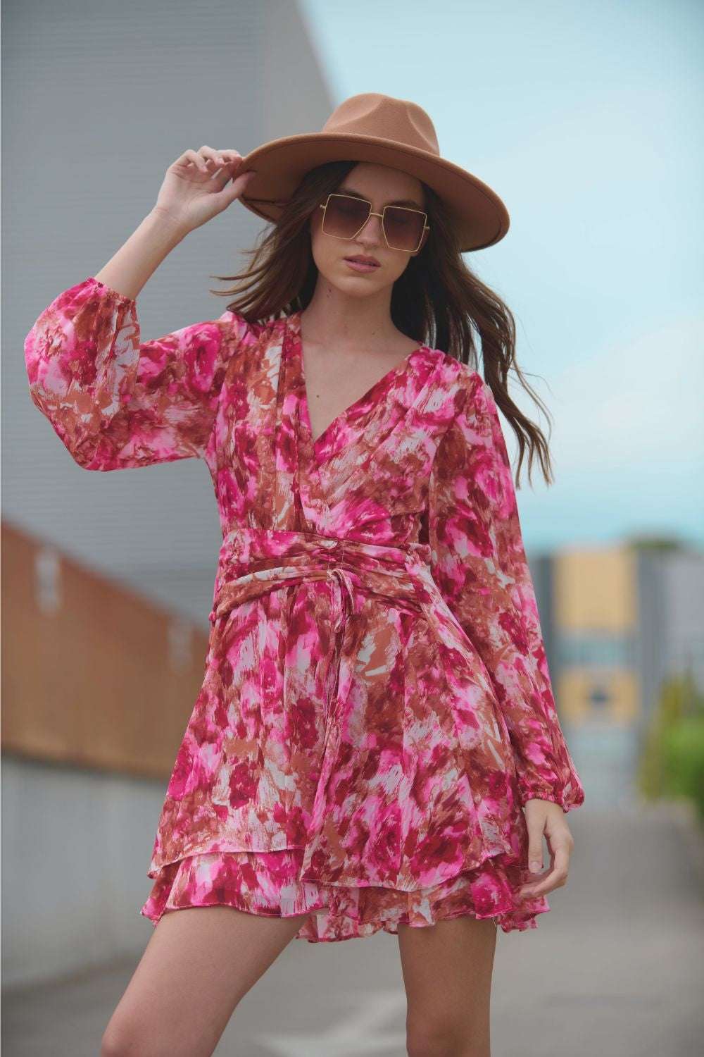 Abstract Print Mini V Neck Dress With Rouche at Waist - Dresses