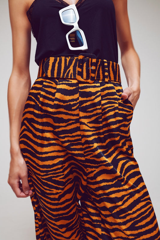 Animal Print Straight Leg Pants With Wide Buckle Belt - Trousers