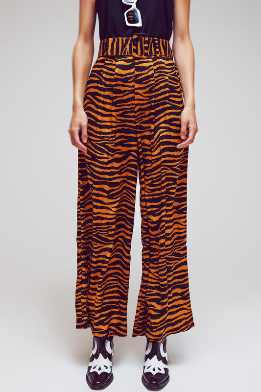 Animal Print Straight Leg Pants With Wide Buckle Belt - Trousers