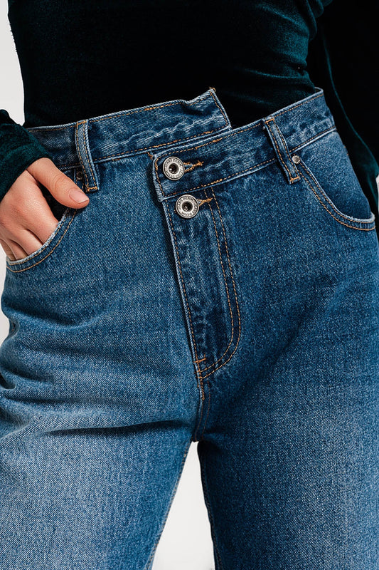 Asymmetric button detail straight jeans in mid blue - Jeans