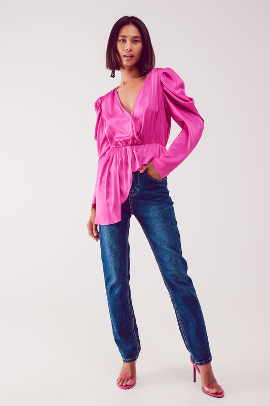 Asymmetric puff sleeve blouse in fuchsia - Shirts