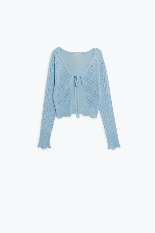 Baby Blue Cardigan with Argyle Print and Tie Closing - Cardigans