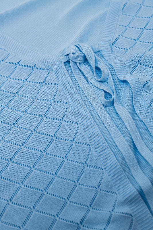 Baby Blue Cardigan with Argyle Print and Tie Closing - Cardigans