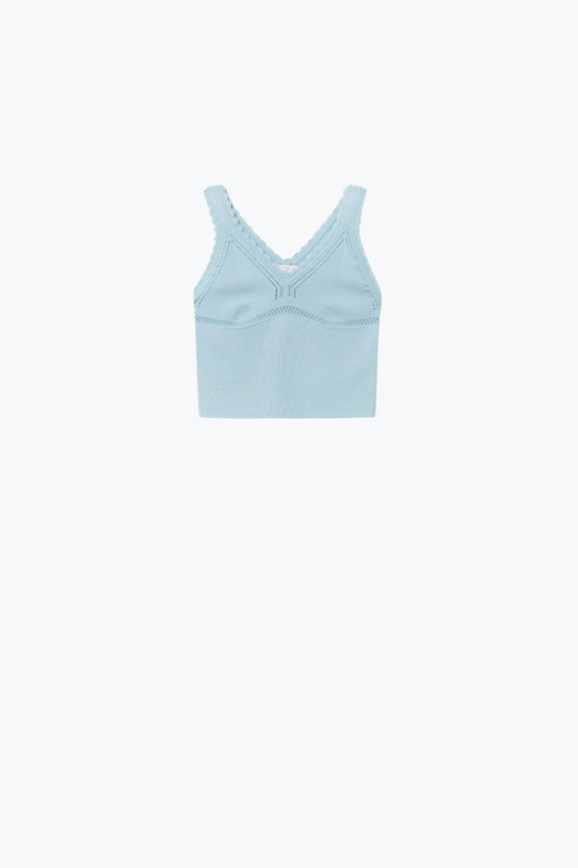 Baby Blue Ribbed Knit Top with Scalloped V-Neck - Tops