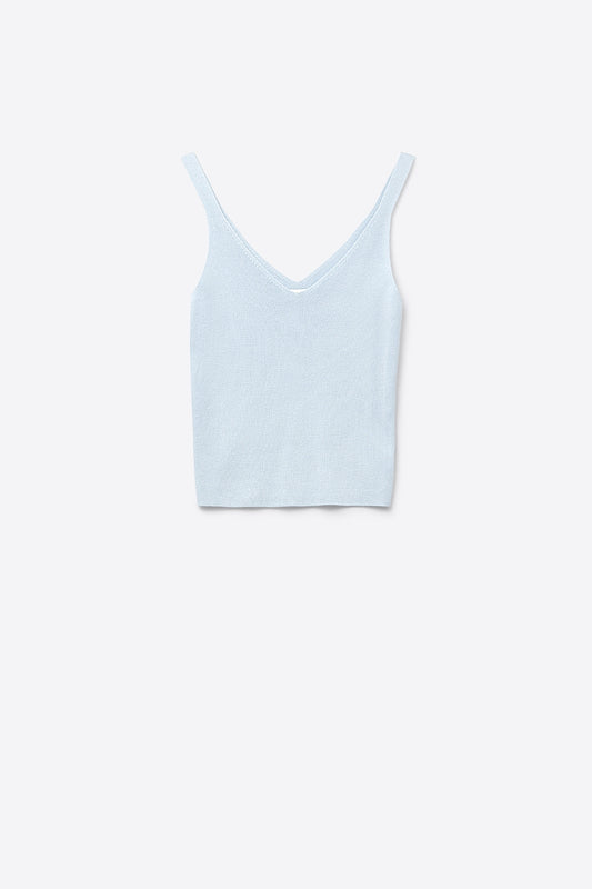 Baby Blue ribbed knit top with V-neck and spaghetti straps - Sweaters