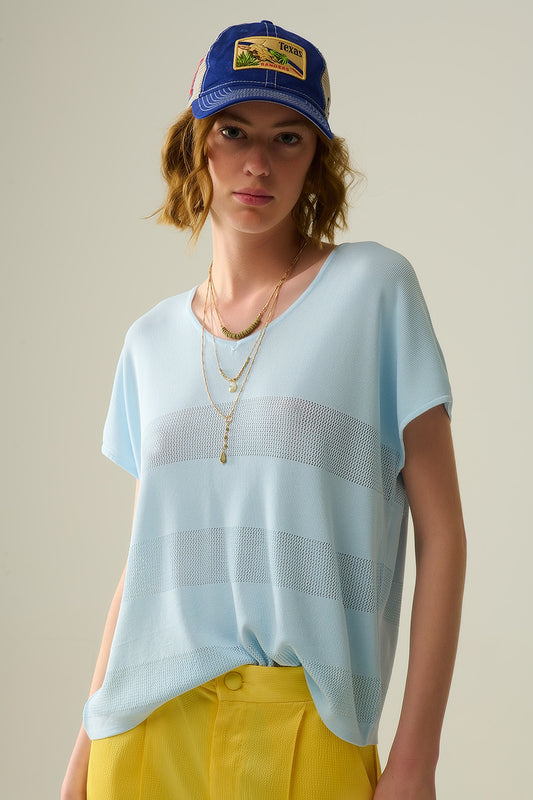 Baby Blue V-neck sweater with open knit detail - Jumpers